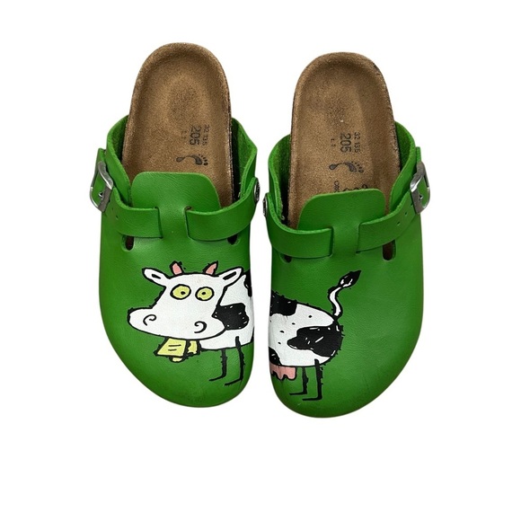Birkenstock‎ Birkis Boston Kids Green Cartoon Cow clogs L1 EUC - Picture 1 of 13